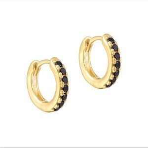 14K Gold Plated Pave Black Onyx Crystal Cz Gem Mini Huggie Hoop Earrings